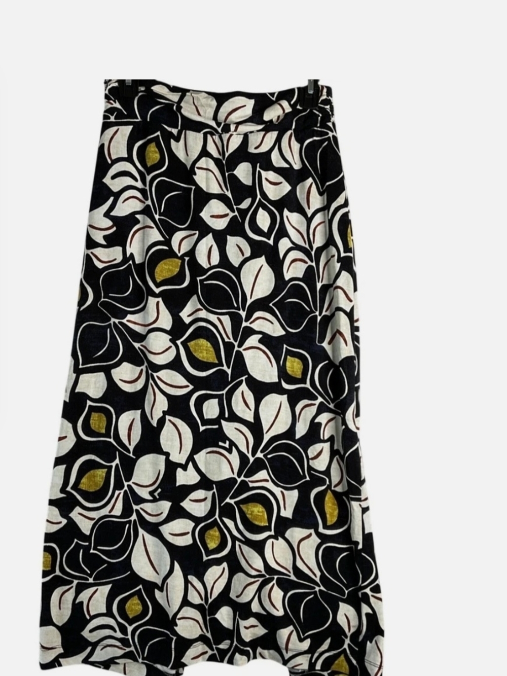 Anthropologie Black Maxi Skirt with Cream and Gold Leaf Print